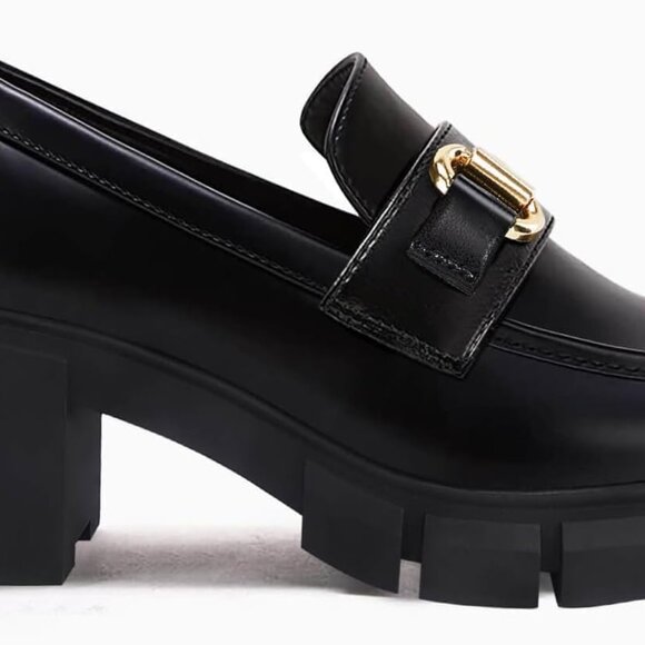 Womens Chunky Platform Loafers Faux Leather Mid Heel Slip-On Dress Shoes - Picture 5 of 6